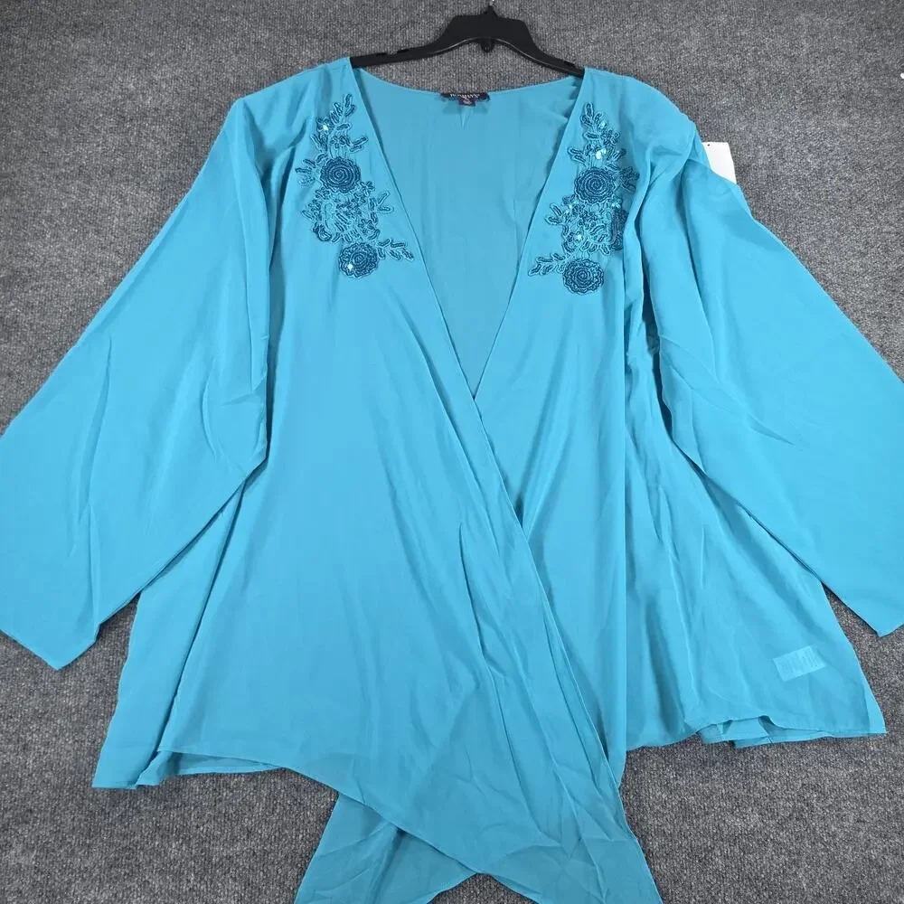 Roaman's Women 40W Turquoise 2 Piece Dress Duster Sequin Embroidered Plus Size